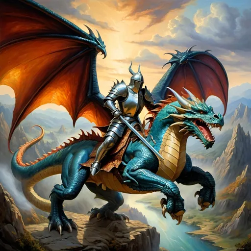 Prompt: opposing dragon armies in arial combat, knights mounted on dragons in armor with spears , fierce expressions, mythical landscapes, high fantasy, Dragon riders, Chivalric Knights, in realistic oil painting, flying through the sky in combat, majestic dragons  mythical landscapes, high fantasy, oil painting, vibrant colors, epic scale, detailed armor, stunning face, atmospheric lighting, professional, highres, fantasy, oil painting, ethereal, fierce expression, varied colors, high fantasy