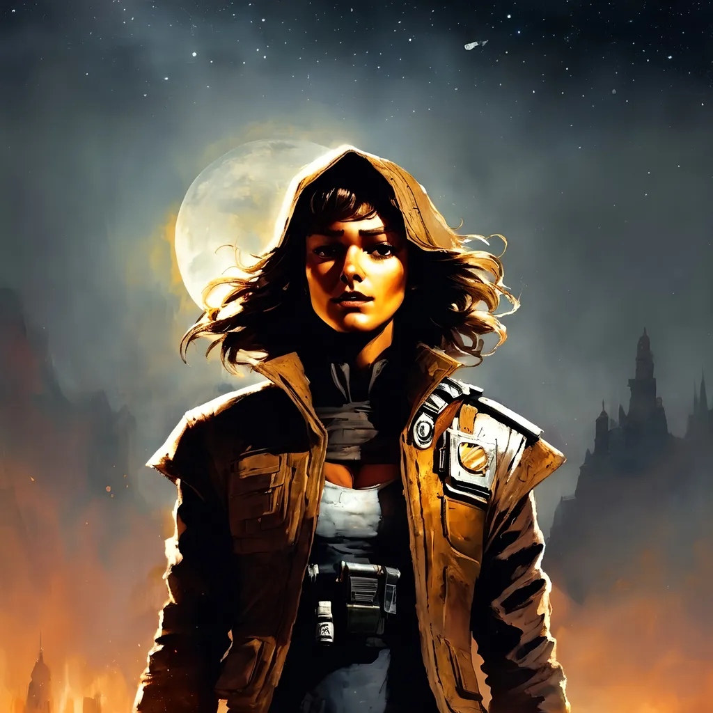 Prompt: (artstyle-renaissance), Star Wars outlaw Kay Vess, dark color scheme, rich and muted tones, dramatic chiaroscuro lighting, intense facial expression, wearing a weathered space jacket, intricate details on clothing, gripping a blaster, moody and atmospheric background, hints of a distant starry night sky, highly detailed, ultrarealistic texturing, captivating composition, capturing the essence of a legendary rogue.