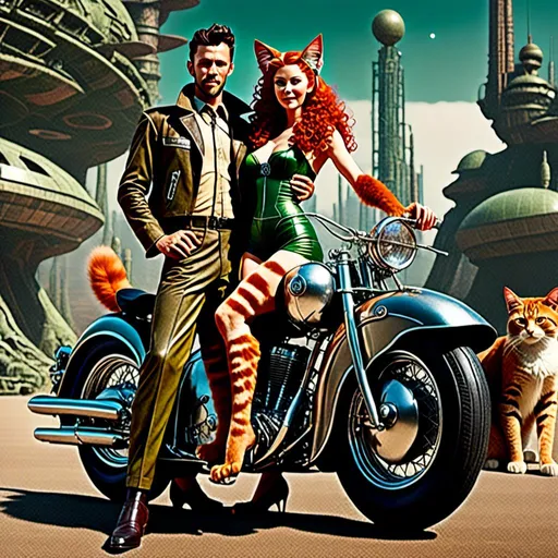 Prompt: <mymodel> Full body view of Rugged Man with human face and cat ears in 1940's futuristic Motorcycle Advertisement, matching cat ears to hair color, extremely detailed, intricate clothing, high quality, intricate, futuristic-retro futurism, historical, detailed hair, detailed spaceship in background