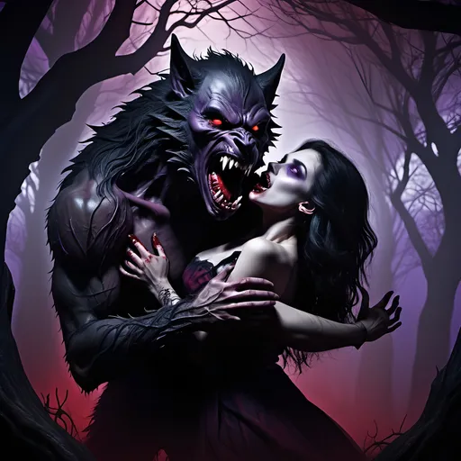 Prompt: (fantasy theme), breathtaking scene of an werewolf  biting a vampire, deep shades of black, purple, and blood red creating an eerie atmosphere, dramatic lighting casting shadows, gothic background featuring twisted trees and fog, emotion of longing and darkness, (intricate details) capturing tension and passion, (highly detailed, HD) crafted for a cinematic effect.