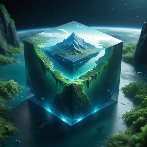 Prompt: (realistic style), (cube of a planet in space), highly detailed representation, vibrant water textures, ethereal atmosphere, majestic mountains, lush greenery, cool color scheme, serene and tranquil vibes, intricately rendered features, deep ocean blues and gentle greens, atmospheric details that evoke awe and wonder, ultra-detailed, 4K quality, captivating visual experience, immersive and enchanting.