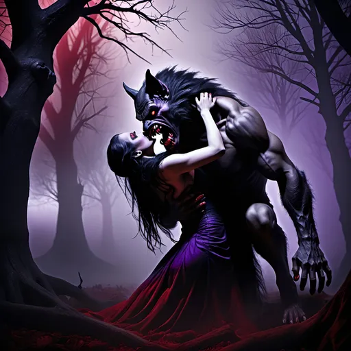 Prompt: (fantasy theme), breathtaking scene of an werewolf  biting a vampire, deep shades of black, purple, and blood red creating an eerie atmosphere, dramatic lighting casting shadows, gothic background featuring twisted trees and fog, emotion of longing and darkness, (intricate details) capturing tension and passion, (highly detailed, HD) crafted for a cinematic effect.