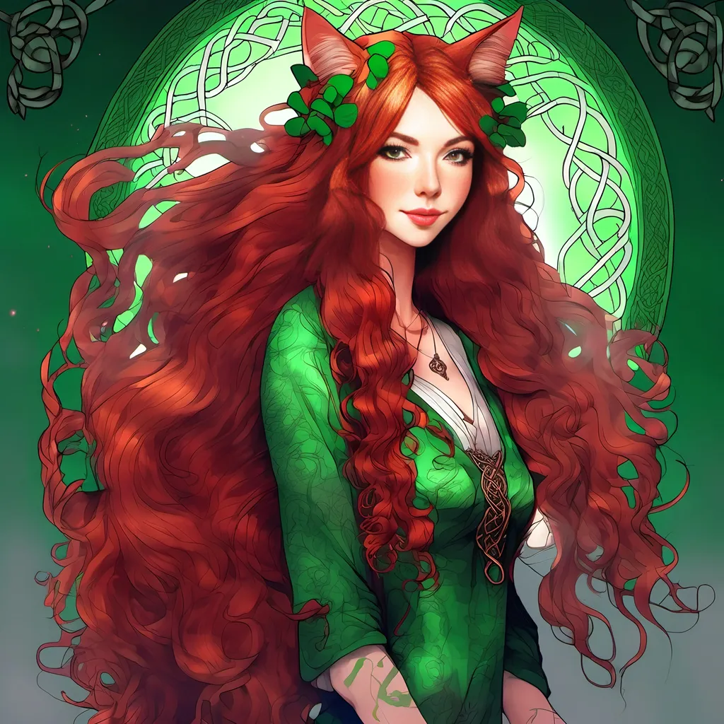 Prompt: Japanese ink illustration of a Celtic woman with cat ears and tail, long red curly hair, detailed green eyes, detailed skin texture, full body view, delicate, diffused lighting, beautiful, artistic, detailed, fantasy style Celtic background, long hair, detailed eyes, full-body, elegant, ethereal, soft lighting