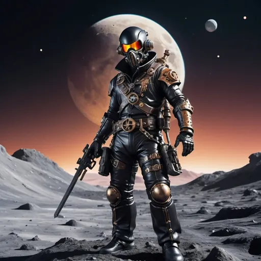 Prompt: Space Pirate in Black space suite  on Moon wielding a sword and steampunk flintlock pistol.