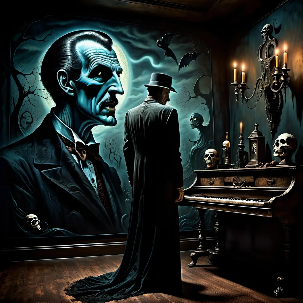 Prompt: (surrealism style image), (dark color scheme), a hauntingly dramatic scene inspired by Vincent Price on the back wall, moody lighting, high detail, captivating atmosphere, (HD), a blend of the mystical and the macabre.