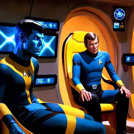 Prompt: (futuristic sci-fi scene), left Spock in striking blue and black attire, detailed facial features, center Kirk in vibrant yellow and black uniform, sitting in captains chair confidently, right Doctor McCoy (high-tech Bridge of the Enterprise) with glowing controls, luminous screens, atmospheric lighting, sleek design, dynamic expressions, (ultra-detailed) background, emotion of adventure, (vibrant color scheme), visually immersive and fantastical elements, high energy ambiance.