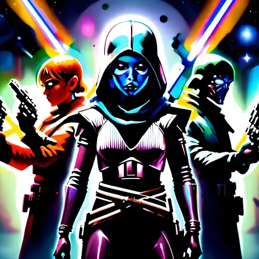 Prompt: anime style, (dark color scheme), outlaw characters from Star Wars, unique poses, rebellious vibes, high-contrast shadows, moody atmosphere, intricate details in character design, dynamic expressions, depth in lighting, (vibrant highlights), ultra-detailed artwork, dramatic ambiance, sci-fi elements, thematic background reflecting a galactic setting.