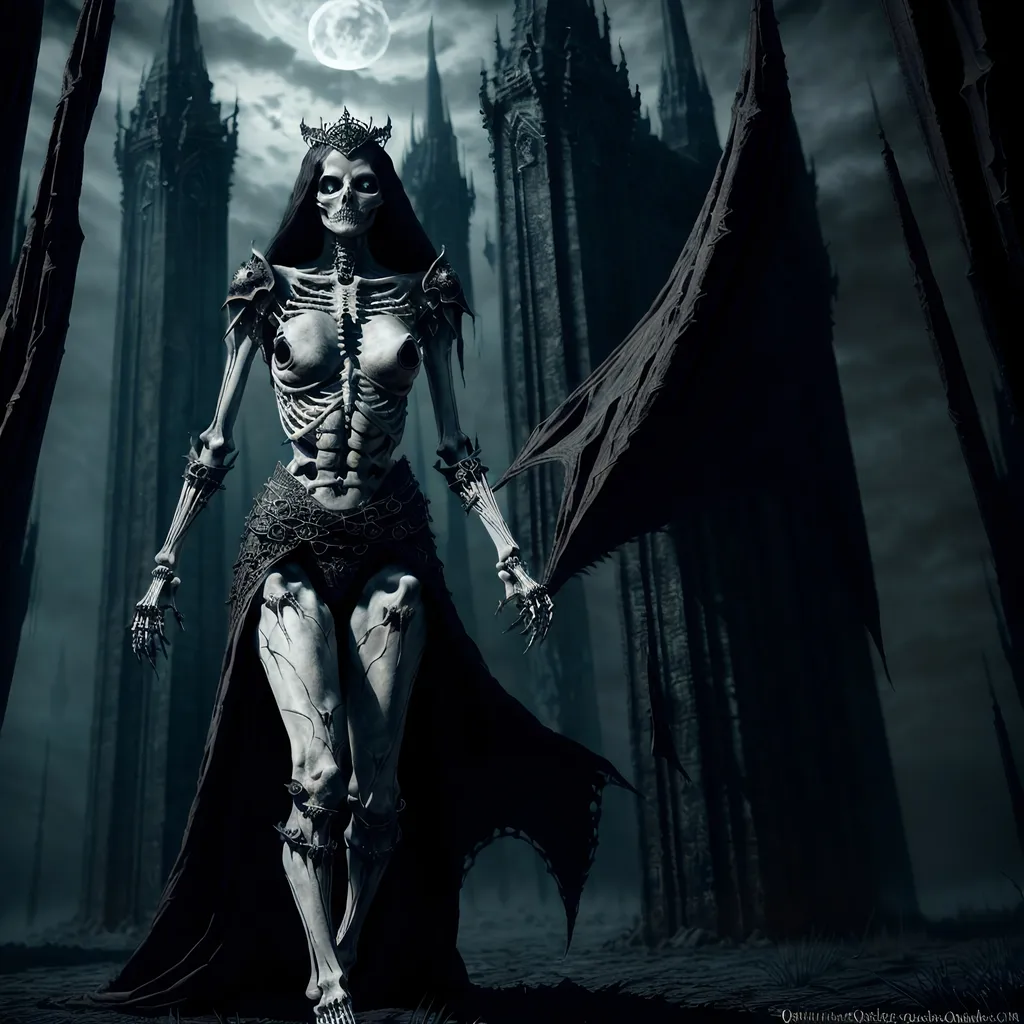 Prompt: skeletal bone Queen, dark color scheme, (fantasy RPG style), mysterious atmosphere, eerie background, intricate detailed armor, feline features woven into the design, dynamic pose, shadows and highlights emphasizing depth, high-adrenaline scene, (4K), ultra-detailed, magical aura surrounding the character, enchanting yet ominous vignette, dramatic composition.