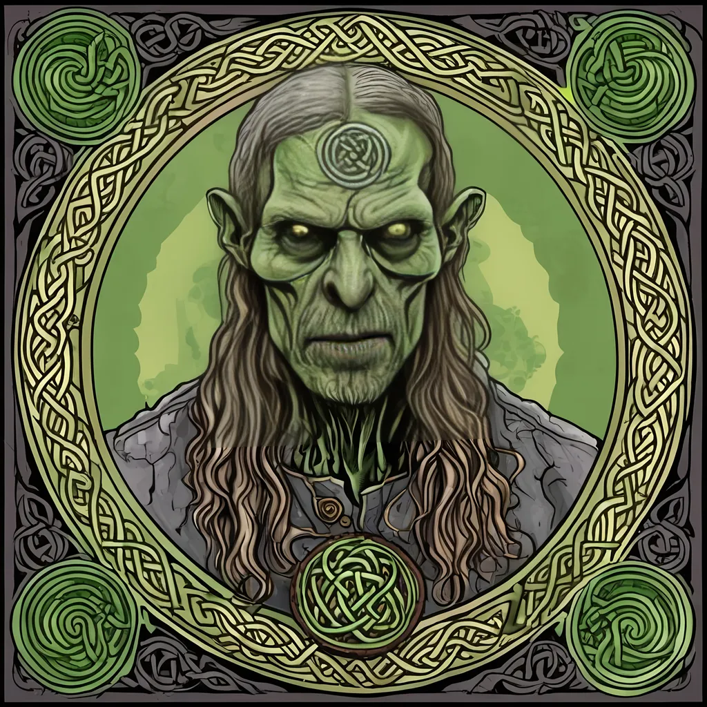 Prompt: 50 Year old Celtic Zombie with delicate , detailed Celtic Background