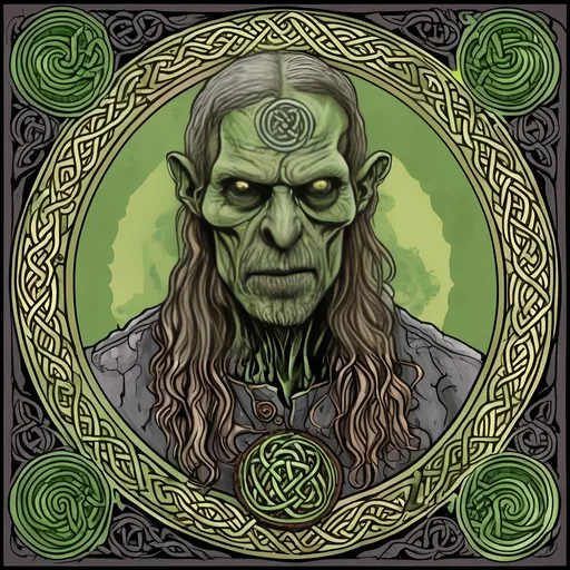 Prompt: 50 Year old Celtic Zombie with delicate , detailed Celtic Background