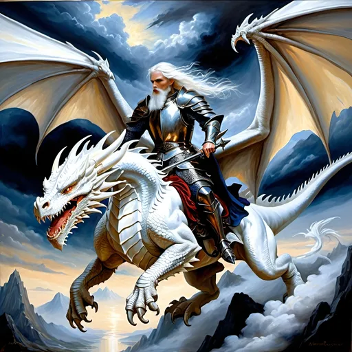 Prompt: Dragon riders Chivalric Knights in realistic oil painting, flying through the sky in combat, majestic white dragons with vibrant white scales and fur, white ethereal wings, flowing white hair, fierce expression, mythical landscapes, high fantasy, Dragon riders Chivalric Knights in realistic oil painting, flying through the sky in combat, majestic Black dragons with vibrant  dark blue metallic scales, dark ethereal wings, flowing, fierce expression, mythical landscapes, high fantasy,oil painting, vibrant colors, epic scale, detailed armor, stunning face, atmospheric lighting, professional, highres, fantasy, oil painting, dragon rider's Knights, flying, majestic, Dragon's face is bearded, ethereal, fierce expression, pale colors, high fantasy