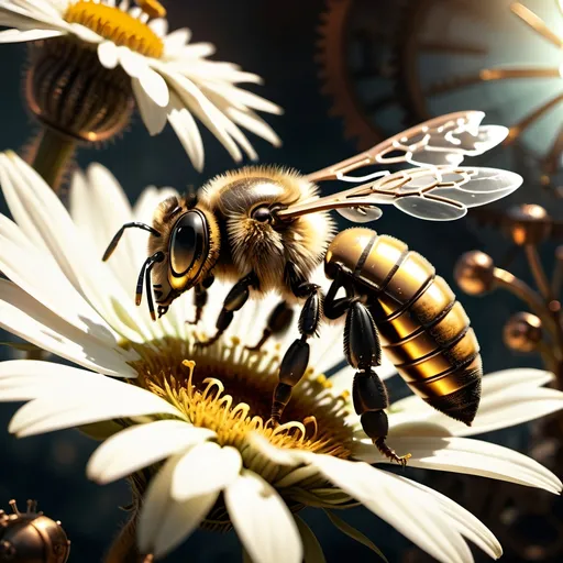 Prompt: (Steampunk Honey bee sipping nectar on a flower, all six legs visible), dark steampunk artstyle,  HD, 4K, crisp focus, atmospheric, intricate floral background with steampunk elements, metallic textures, gears and cogs intertwined with nature, soft sunlight filtering through, cinematic lighting, dramatic shadows, immersive and captivating scene.