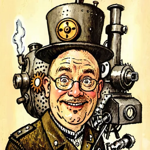 Prompt: (Humorous portrait), steampunk style, caricature drawing, pencil color  scheme, detailed facial features, expressive eyes, exaggerated pleasant smile, vintage military attire, quirky accessories, Iron gears and machinery in the background, cozy ambiance, ultra-detailed, engaging composition that blends humor and artistry, creating a captivating visual narrative.