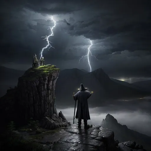 Prompt: (photorealistic) fantasy scene, (dramatic lighting), wizened old wizard with a pointed hat, long flowing robes, standing on a rocky mountainside, calling down lightning with his staff, (dark color scheme), mystical ambiance, swirling clouds overhead, electric energy in the air, high detail, ultra-detailed, capturing an epic moment with a sense of power, wonder, and magic.