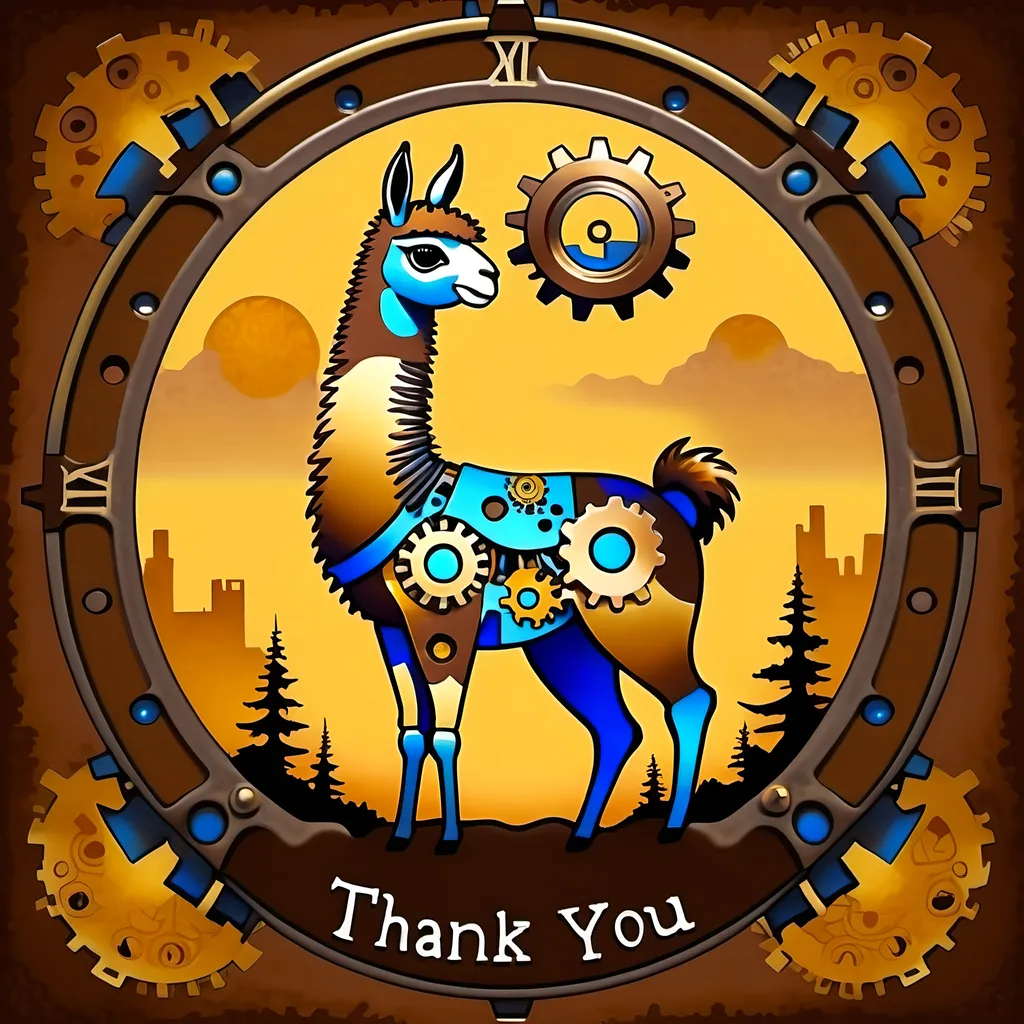 Prompt: (accurately spelled text "Thank You"), steampunk-inspired llama, intricate mechanical details, gears and cogs incorporated into the design, warm color scheme with rich browns and glowing golds, artistic brush strokes, whimsical yet sophisticated atmosphere, enchanting background with a hint of natural landscapes blending with industrial elements, captivating and ultra-detailed, oil painting style.