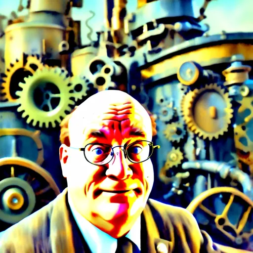 Prompt: (Humorous portrait), steampunk style, caricature drawing, pencil color  scheme, detailed facial features, piercing blue eyes, expressive eyes, exaggerated pleasant smile, vintage military attire, quirky accessories, Iron gears and machinery in the background, cozy ambiance, ultra-detailed, engaging composition that blends humor and artistry, creating a captivating visual narrative.