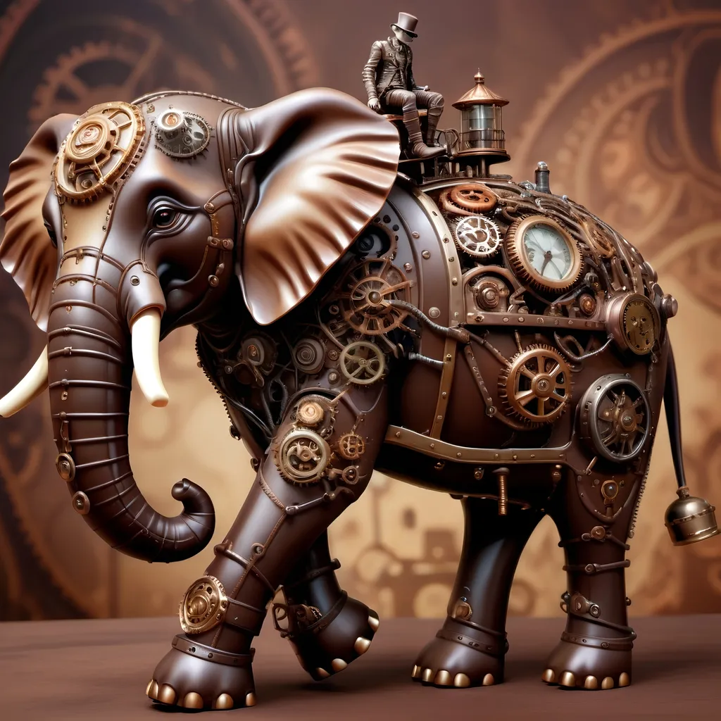 Prompt: Steampunk chocolate elephant with rider, (artstyle: steampunk), (color palette: dark colors), intricate mechanical designs, whimsical elements, vintage yet futuristic vibes, playful ambiance, detailed textures and patterns on the elephant's skin, subtle metallic features blending with creamy chocolate tones, dreamy and imaginative background to enhance the playful theme, (highly detailed), (4K resolution).