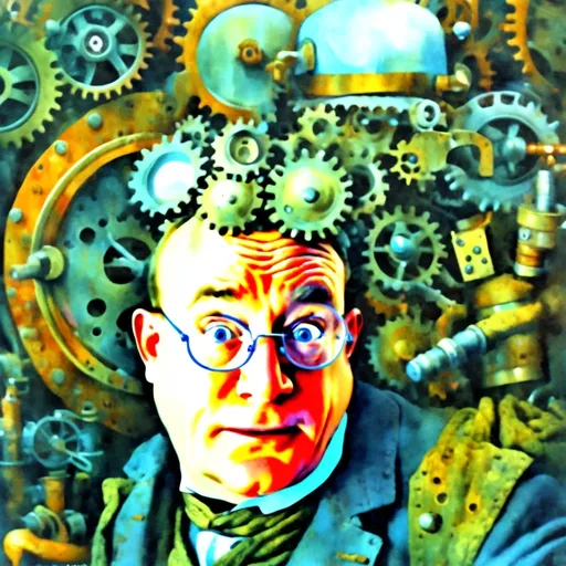 Prompt: (Humorous portrait), steampunk style, caricature drawing, pencil color  scheme, detailed facial features, piercing blue eyes, expressive eyes, exaggerated pleasant smile, vintage military attire, quirky accessories, Iron gears and machinery in the background, cozy ambiance, ultra-detailed, engaging composition that blends humor and artistry, creating a captivating visual narrative.