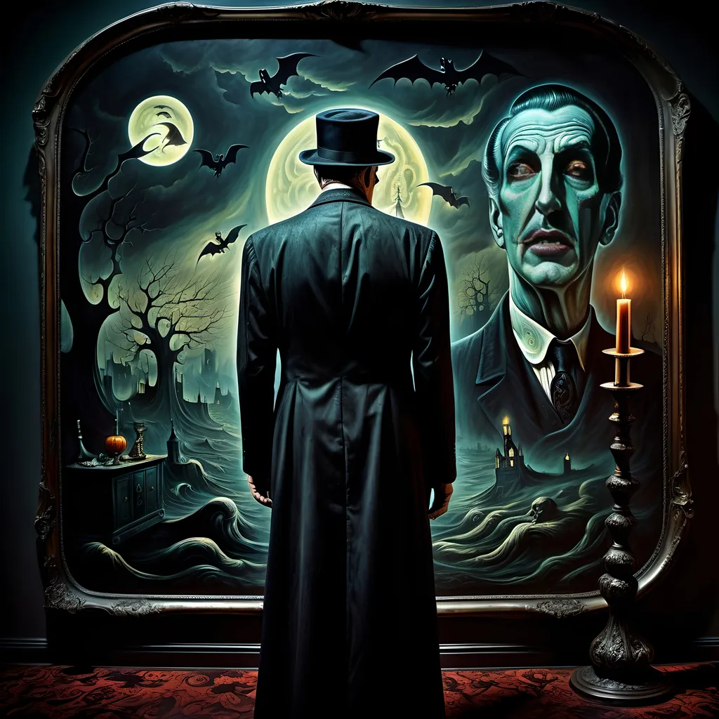 Prompt: (surrealism style image), (dark color scheme), a hauntingly dramatic scene inspired by Vincent Price on the back wall, moody lighting, high detail, captivating atmosphere, (HD), a blend of the mystical and the macabre.