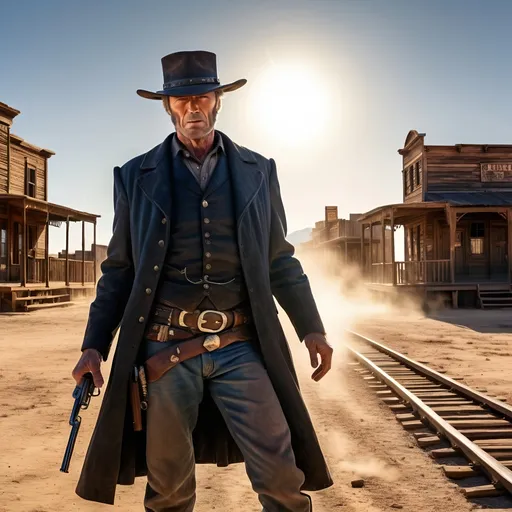 Prompt: Clint Eastwood as Johnna Hex Scar Partiall closing half of his mouth, 
Old West Scene, Gunfight at High Noon, Wild West Town, Train on the Horizon  