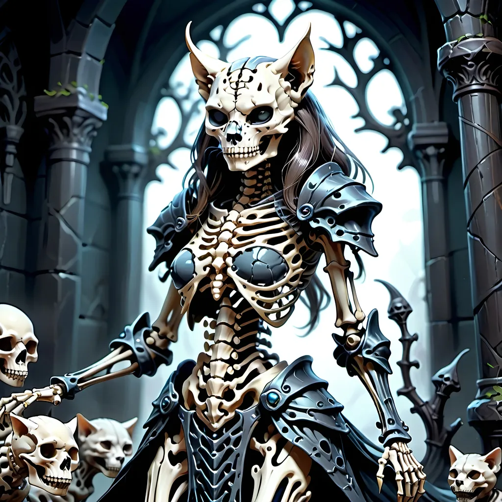 Prompt: skeletal bone Queen, dark color scheme, (fantasy RPG style), mysterious atmosphere, eerie background, intricate detailed armor, feline features woven into the design, dynamic pose, shadows and highlights emphasizing depth, high-adrenaline scene, (4K), ultra-detailed, magical aura surrounding the character, enchanting yet ominous vignette, dramatic composition.