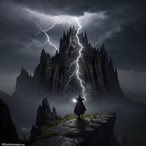 Prompt: (photorealistic) fantasy scene, (dramatic lighting), wizened old wizard with a pointed hat, long flowing robes, standing on a rocky mountainside, calling down lightning with his staff, (dark color scheme), mystical ambiance, swirling clouds overhead, electric energy in the air, high detail, ultra-detailed, capturing an epic moment with a sense of power, wonder, and magic.