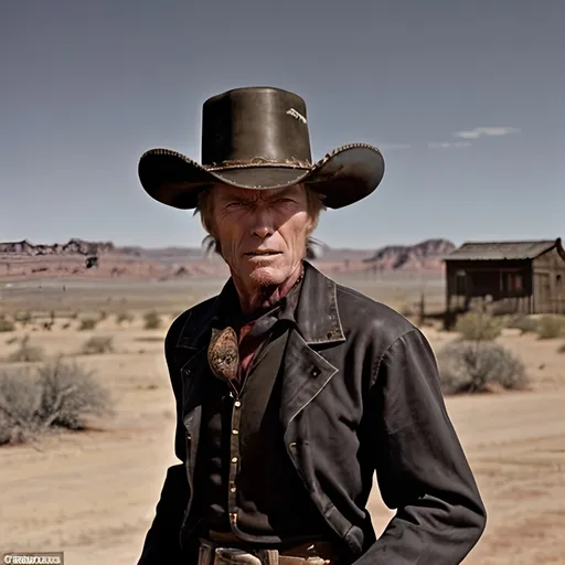 Prompt: Clint Eastwood as Johnna Hex Scar Partial closing half of his mouth, 
Old West Scene, Gunfight at High Noon, Wild West Town, Train on the Horizon  