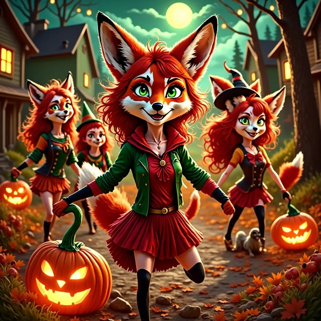 Prompt: Red Foxy character, dressed for Halloween, surrounded by excited neighborhood kids, joyfully trick-or-treating, festive costumes, glowing jack-o’-lanterns, spooky atmosphere, moonlit night sky, autumn leaves, playful expressions, high quality, ultra-detailed, engaging and cheerful vibe.