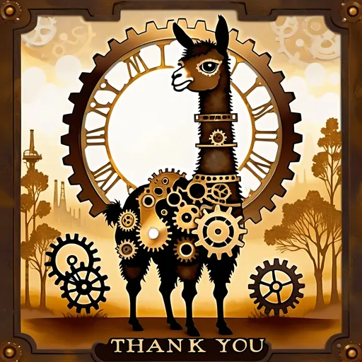 Prompt: (accurately spelled text "Thank You"), steampunk-inspired llama, intricate mechanical details, gears and cogs incorporated into the design, warm color scheme with rich browns and glowing golds, artistic brush strokes, whimsical yet sophisticated atmosphere, enchanting background with a hint of natural landscapes blending with industrial elements, captivating and ultra-detailed, oil painting style.