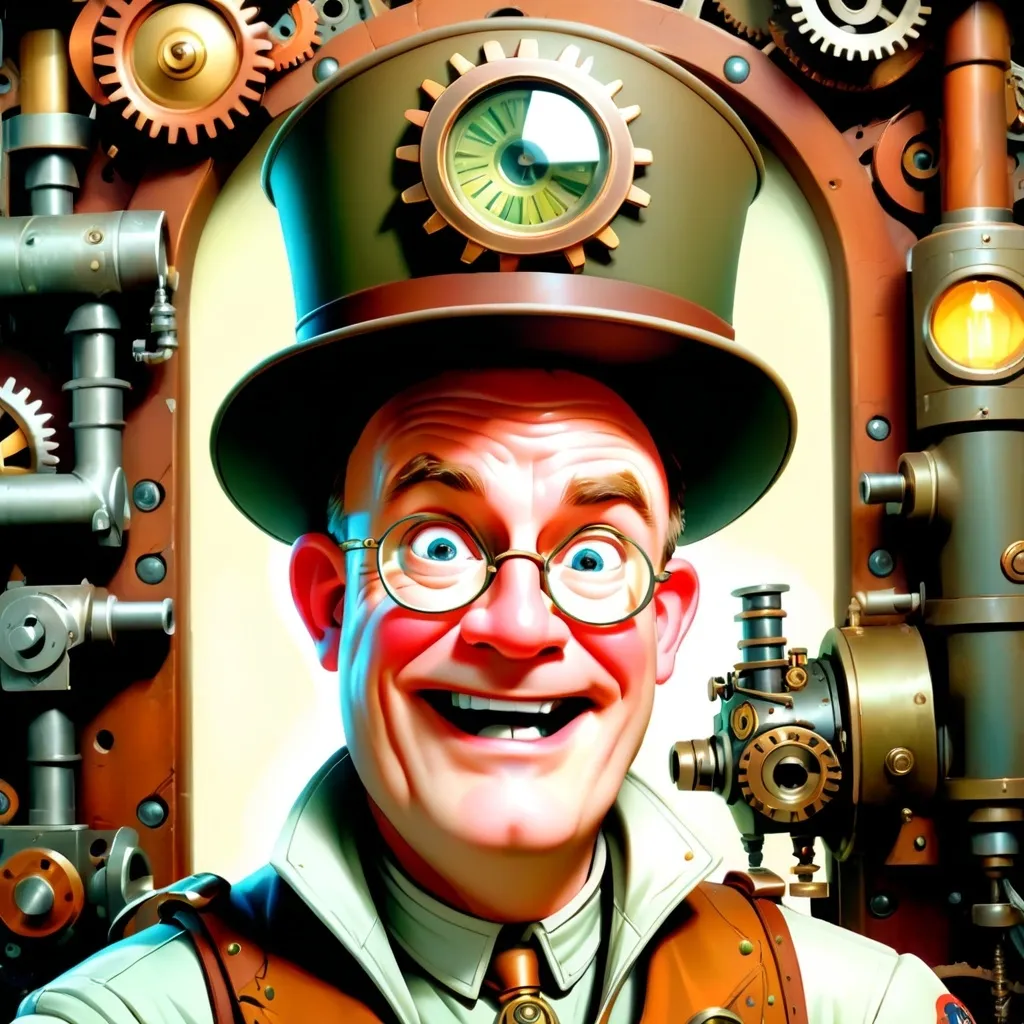 Prompt: (Humorous portrait), steampunk style, caricature drawing, pencil color  scheme, detailed facial features, expressive eyes, exaggerated pleasant smile, vintage military attire, quirky accessories, Iron gears and machinery in the background, cozy ambiance, ultra-detailed, engaging composition that blends humor and artistry, creating a captivating visual narrative.