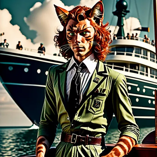 Prompt: <mymodel> Full body view of Rugged Man with human face and cat ears in 1940's Yacht boat Advertisement, matching cat ears to hair color, extremely detailed, intricate clothing, high quality, intricate, futuristic-retro futurism, historical, detailed hair, detailed spaceship in background