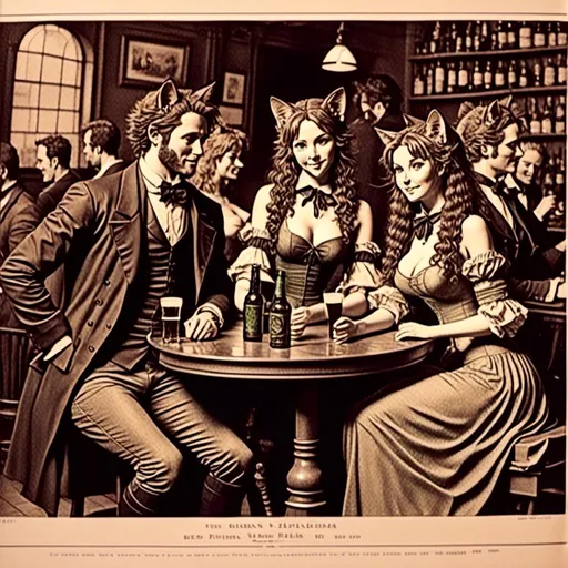 Prompt: <mymodel>1860's beer Advertisement, friends at a bar, lithotype