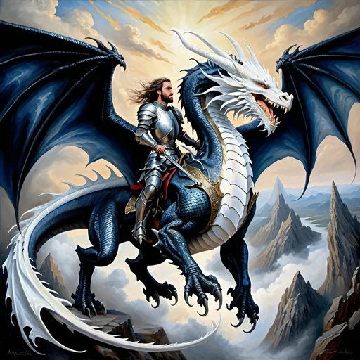 Prompt: Dragon riders Chivalric Knights in realistic oil painting, flying through the sky in combat, majestic white dragons with vibrant white scales and fur, white ethereal wings, flowing white hair, fierce expression, mythical landscapes, high fantasy, Dragon riders Chivalric Knights in realistic oil painting, flying through the sky in combat, majestic Black dragons with vibrant  dark blue metallic scales, dark ethereal wings, flowing, fierce expression, mythical landscapes, high fantasy,oil painting, vibrant colors, epic scale, detailed armor, stunning face, atmospheric lighting, professional, highres, fantasy, oil painting, dragon rider's Knights, flying, majestic, Dragon's face is bearded, ethereal, fierce expression, pale colors, high fantasy