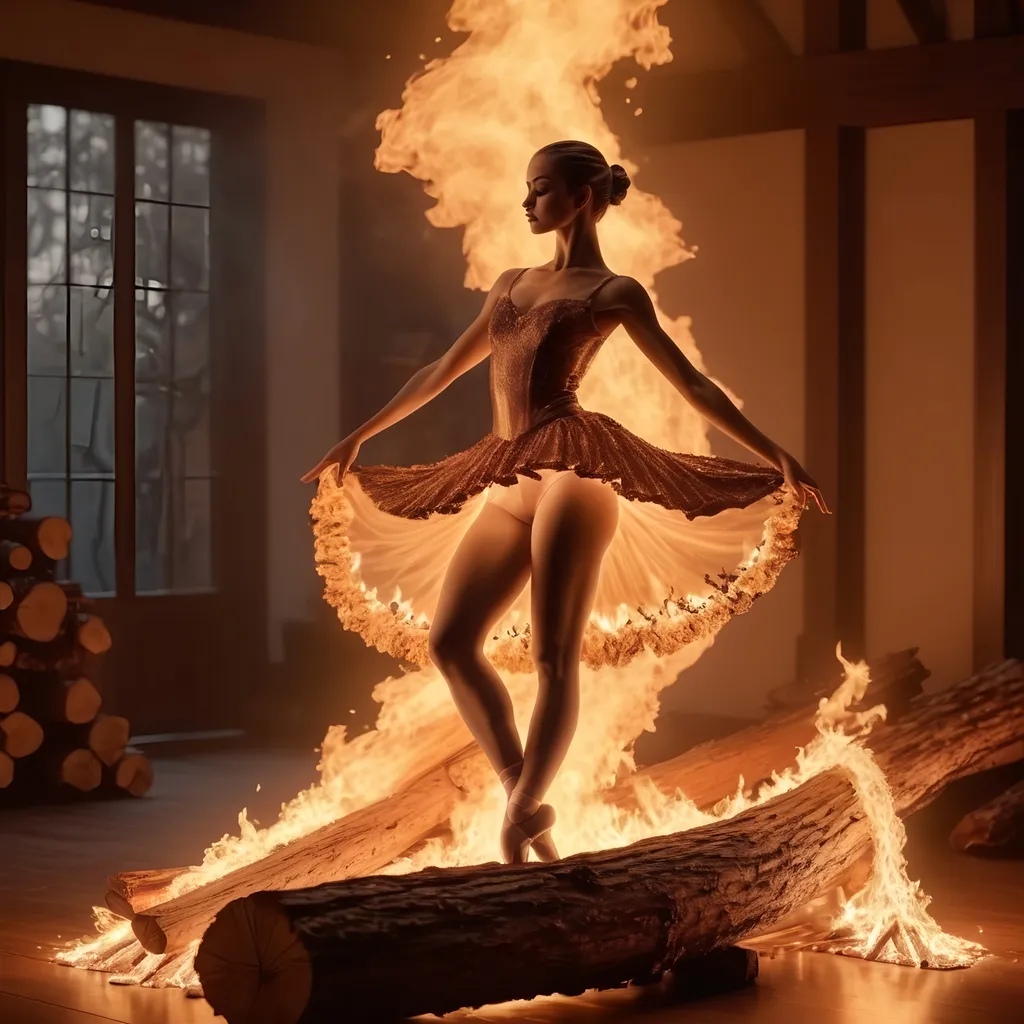 Prompt: (inside a hearth), (logs aflame), (ballerina made of flame dancing atop the logs), fantasy style, warm color scheme, glowing embers illuminating the surroundings, ethereal ambiance, flickering shadows, intricate flames creating fluid motion, high detail, 4K, cinematic atmosphere, soft light casting a magical glow, enchanting and captivating scene.