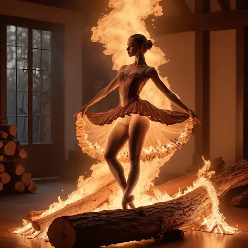 Prompt: (inside a hearth), (logs aflame), (ballerina made of flame dancing atop the logs), fantasy style, warm color scheme, glowing embers illuminating the surroundings, ethereal ambiance, flickering shadows, intricate flames creating fluid motion, high detail, 4K, cinematic atmosphere, soft light casting a magical glow, enchanting and captivating scene.