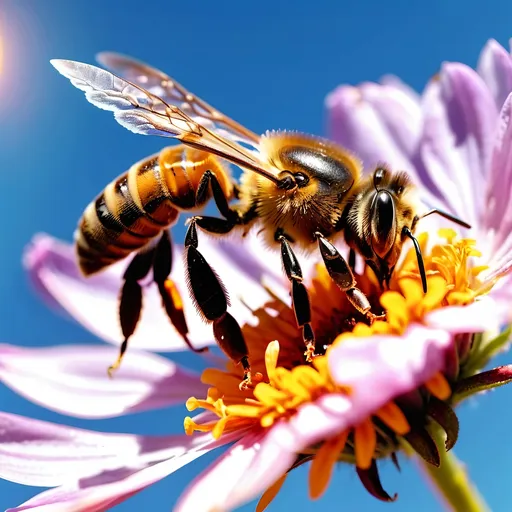 Prompt: (Close up Honey bee walking on a flower all six legs visible),  intricate wing details, nature, summer vibes, high-definition, ultra-detailed,  crisp focus, 4K.