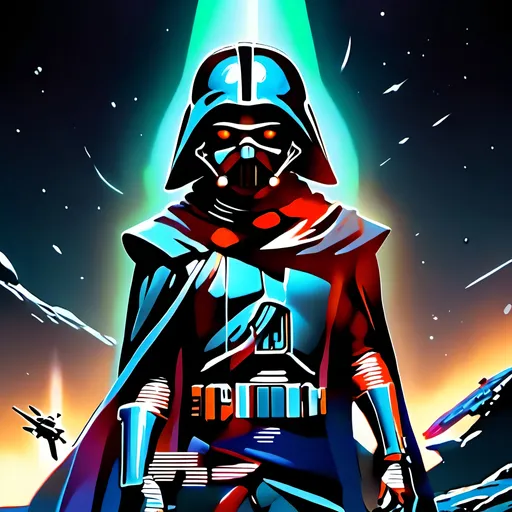 Prompt: anime style, (dark color scheme), outlaw characters from Star Wars, unique poses, rebellious vibes, high-contrast shadows, moody atmosphere, intricate details in character design, dynamic expressions, depth in lighting, (vibrant highlights), ultra-detailed artwork, dramatic ambiance, sci-fi elements, thematic background reflecting a galactic setting.