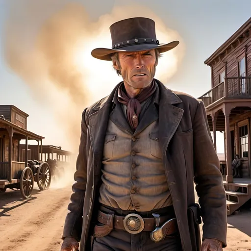 Prompt: Clint Eastwood as Johnna Hex Scar Partiall closing half of his mouth, 
Old West Scene, Gunfight at High Noon, Wild West Town, Train on the Horizon  