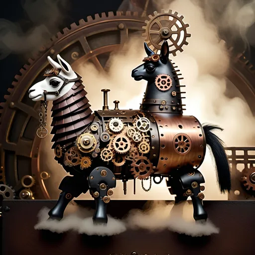 Prompt: (steampunk llama), dark color scheme, intricate mechanical details, vivid brass and copper accents, wearing a (thank you sign) around its neck, embellished with gears and cogs, atmospheric background with fog and dim lighting, immersive steampunk ambiance, high quality, ultra-detailed, enhances the peculiar charm of this whimsical creature.