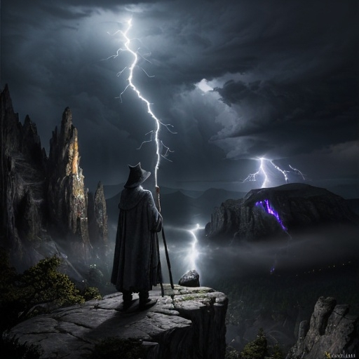 Prompt: (photorealistic) fantasy scene, (dramatic lighting), wizened old wizard with a pointed hat, long flowing robes, standing on a rocky mountainside, calling down lightning with his staff, (dark color scheme), mystical ambiance, swirling clouds overhead, electric energy in the air, high detail, ultra-detailed, capturing an epic moment with a sense of power, wonder, and magic.