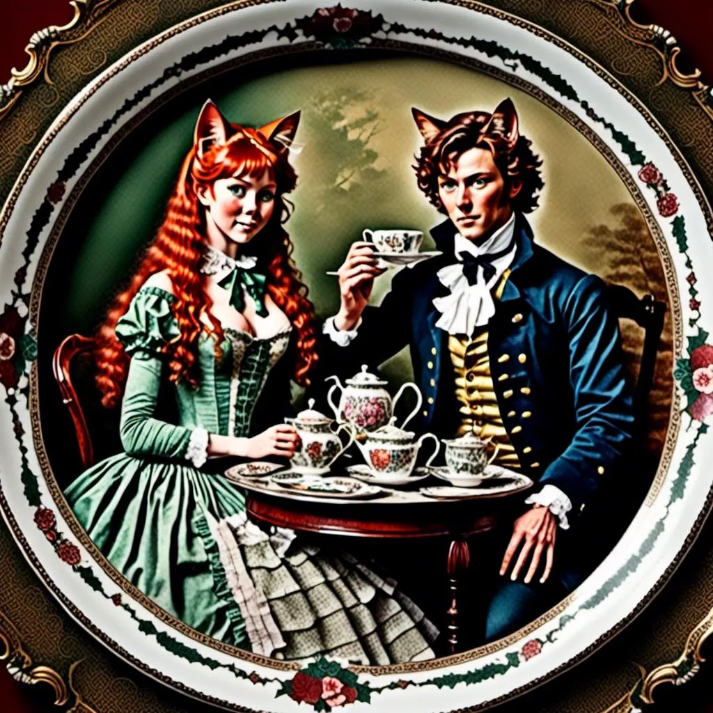 Prompt: <mymodel>1600's couple in displaying fine China plates, Advertisement, lithograph, extremely detailed