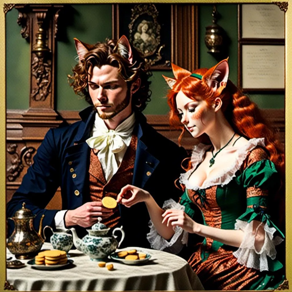 Prompt: <mymodel>1600's couple in eating tea crackers, Advertisement, lithograph, extremely detailed