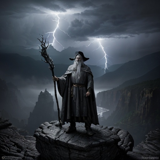 Prompt: (photorealistic) fantasy scene, (dramatic lighting), wizened old wizard with a pointed hat, long flowing robes, standing on a rocky mountainside, calling down lightning with his staff, (dark color scheme), mystical ambiance, swirling clouds overhead, electric energy in the air, high detail, ultra-detailed, capturing an epic moment with a sense of power, wonder, and magic.