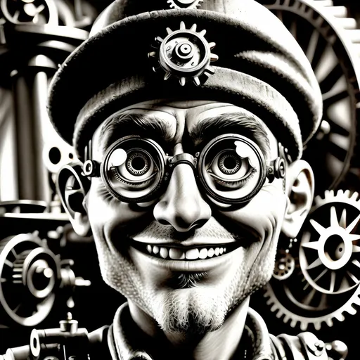 Prompt: (Humorous portrait), steampunk style, caricature drawing, black and white scheme, detailed facial features, expressive eyes, exaggerated pleasant smile, vintage military attire, quirky accessories, Iron gears and machinery in the background, cozy ambiance, ultra-detailed, engaging composition that blends humor and artistry, creating a captivating visual narrative.