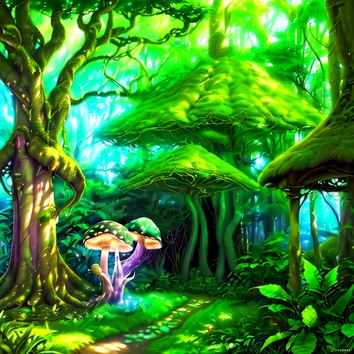 Prompt: (photorealistic style), lush Hyrule, vibrant warm colors, enchanting atmosphere, sunlight filtering through dense foliage, soft glowing mushrooms, serene winding path, magical fauna, mystical creatures peeking from behind trees, deep green foliage with golden highlights, ultra-detailed, immersive landscape, tranquil ambiance, adventurous spirit, ideal for storytelling backgrounds.