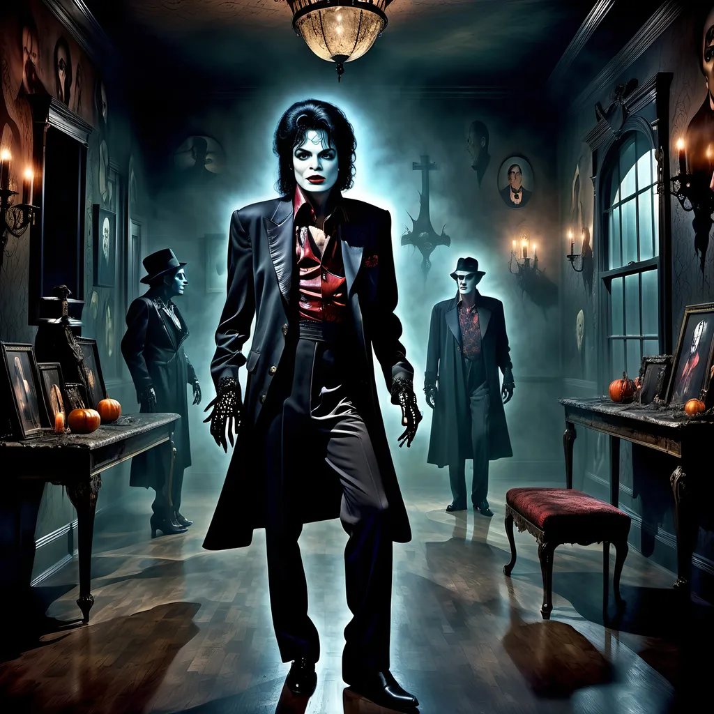 Prompt: (surrealism style image), (dark color scheme), a hauntingly dramatic scene inspired by Michael Jackson's Thriller, featuring an eerie ambiance with surreal elements, dynamic poses, featuring clearly visible portrait of Vincent Price on the back wall, moody lighting, high detail, captivating atmosphere, (HD), a blend of the mystical and the macabre.