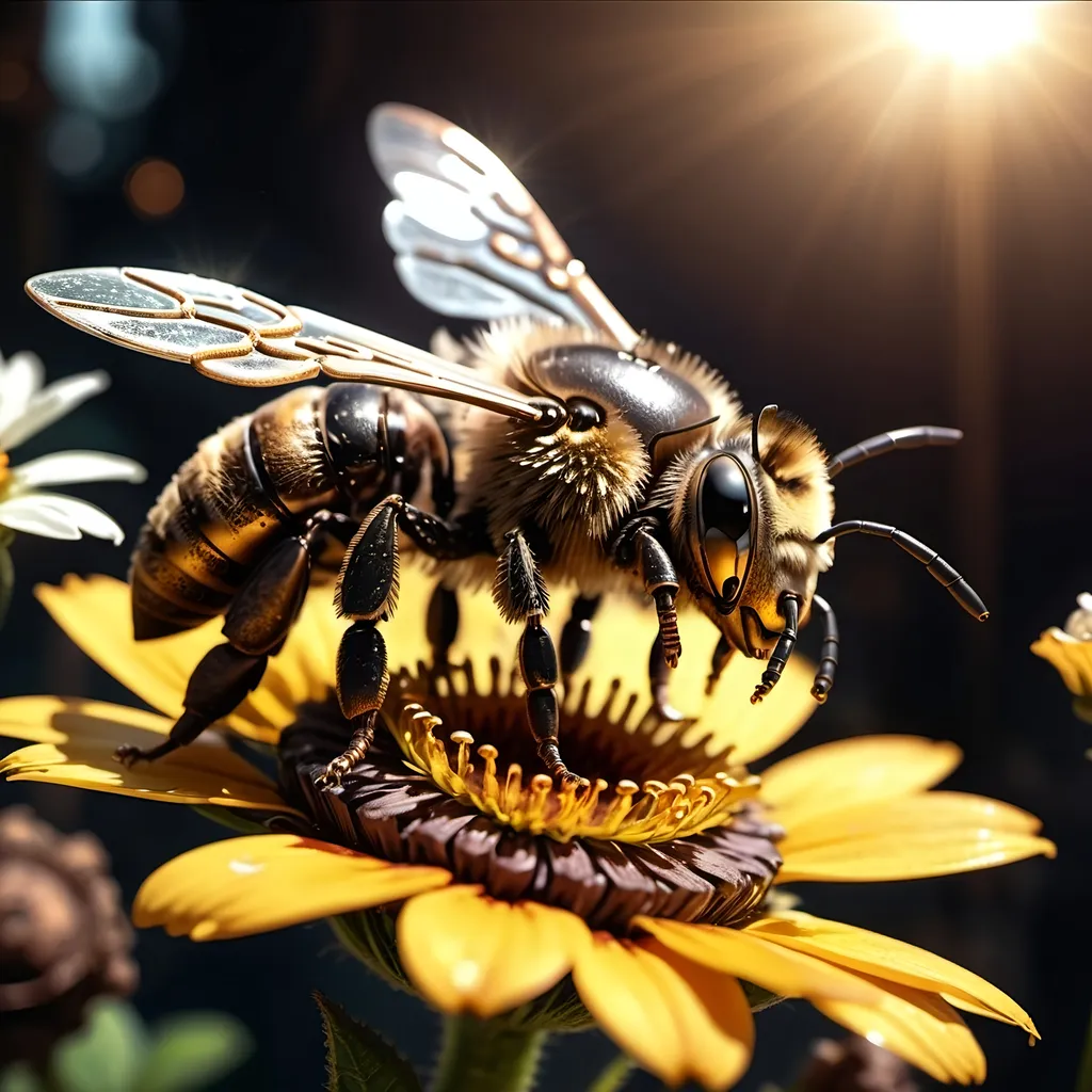 Prompt: Close up (Steampunk Honey bee sipping nectar on a flower, all six legs visible), dark steampunk artstyle,  HD, 4K, crisp focus, atmospheric, intricate floral background with steampunk elements, metallic textures, gears and cogs intertwined with nature, soft sunlight filtering through, cinematic lighting, dramatic shadows, immersive and captivating scene.