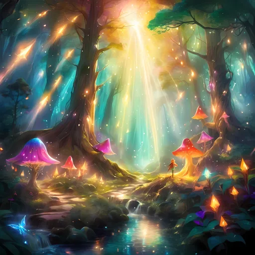 Prompt: fantasy scene inspired by (Legend of Zelda), whimsical landscapes, (vibrant warm colors), enchanted forests, mystical creatures, glowing lights, dramatic lighting, epic atmosphere, (magical elements), soft focus background, captivating details, adventurous spirit, high-resolution, (HD) quality.