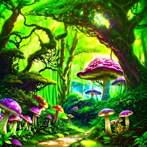 Prompt: (photorealistic style), lush Hyrule, vibrant warm colors, enchanting atmosphere, sunlight filtering through dense foliage, soft glowing mushrooms, serene winding path, magical fauna, mystical creatures peeking from behind trees, deep green foliage with golden highlights, ultra-detailed, immersive landscape, tranquil ambiance, adventurous spirit, ideal for storytelling backgrounds.