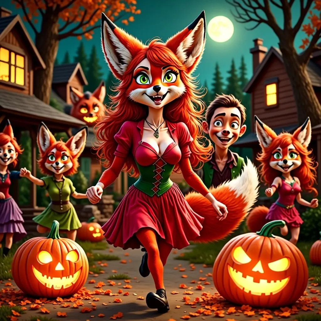 Prompt: Red Foxy character, dressed for Halloween, surrounded by excited neighborhood kids, joyfully trick-or-treating, festive costumes, glowing jack-o’-lanterns, spooky atmosphere, moonlit night sky, autumn leaves, playful expressions, high quality, ultra-detailed, engaging and cheerful vibe.